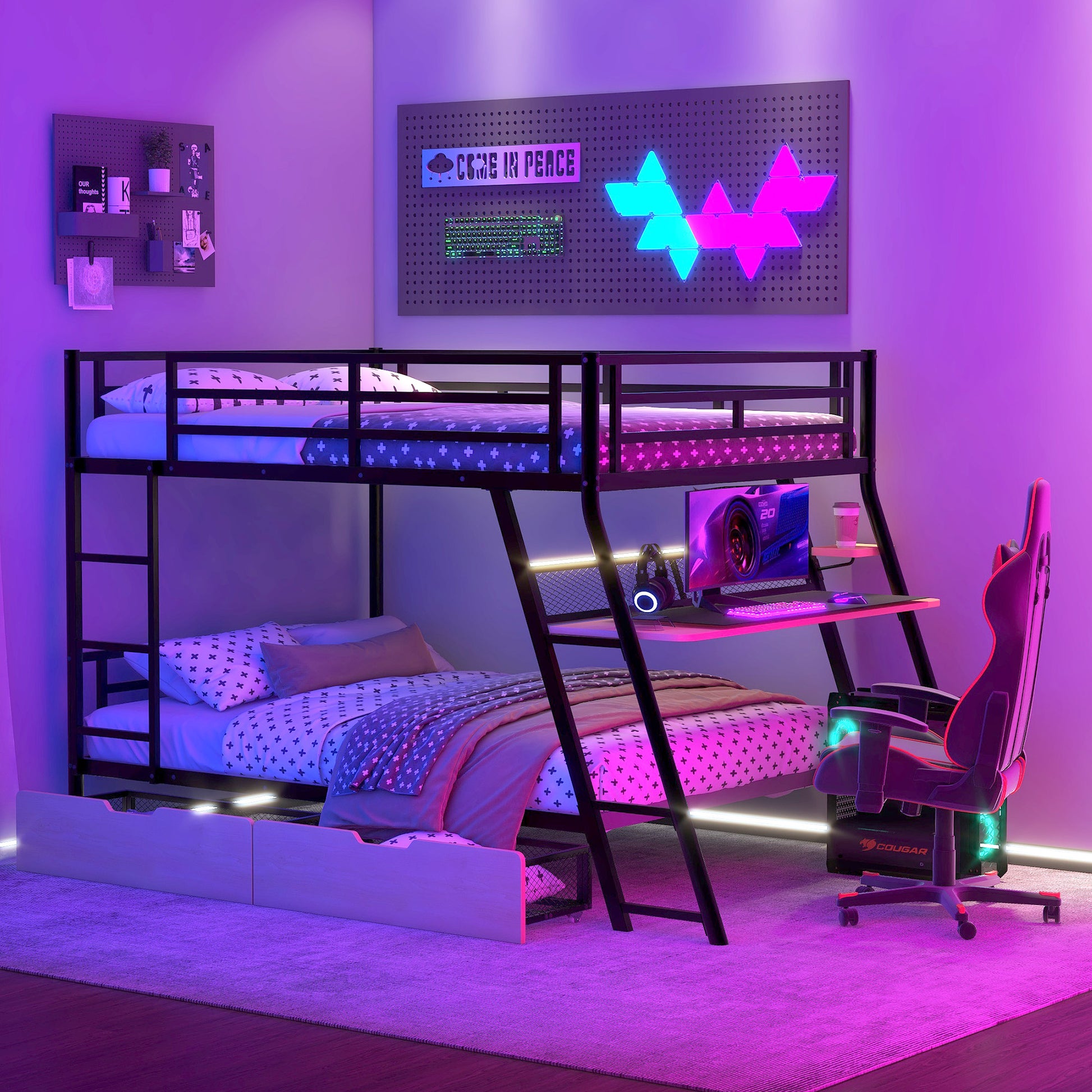 Full Size Metal Bunk Bed with Built-in Desk, Light and 2 Drawers, Black image 1