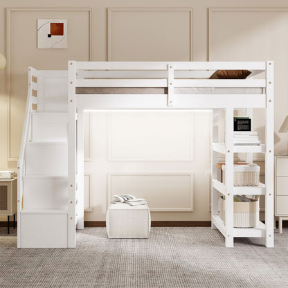 Twin Size Loft Bed with Shelves, Storage Staircase, Small Wardrobe and White LED Light, White image 3