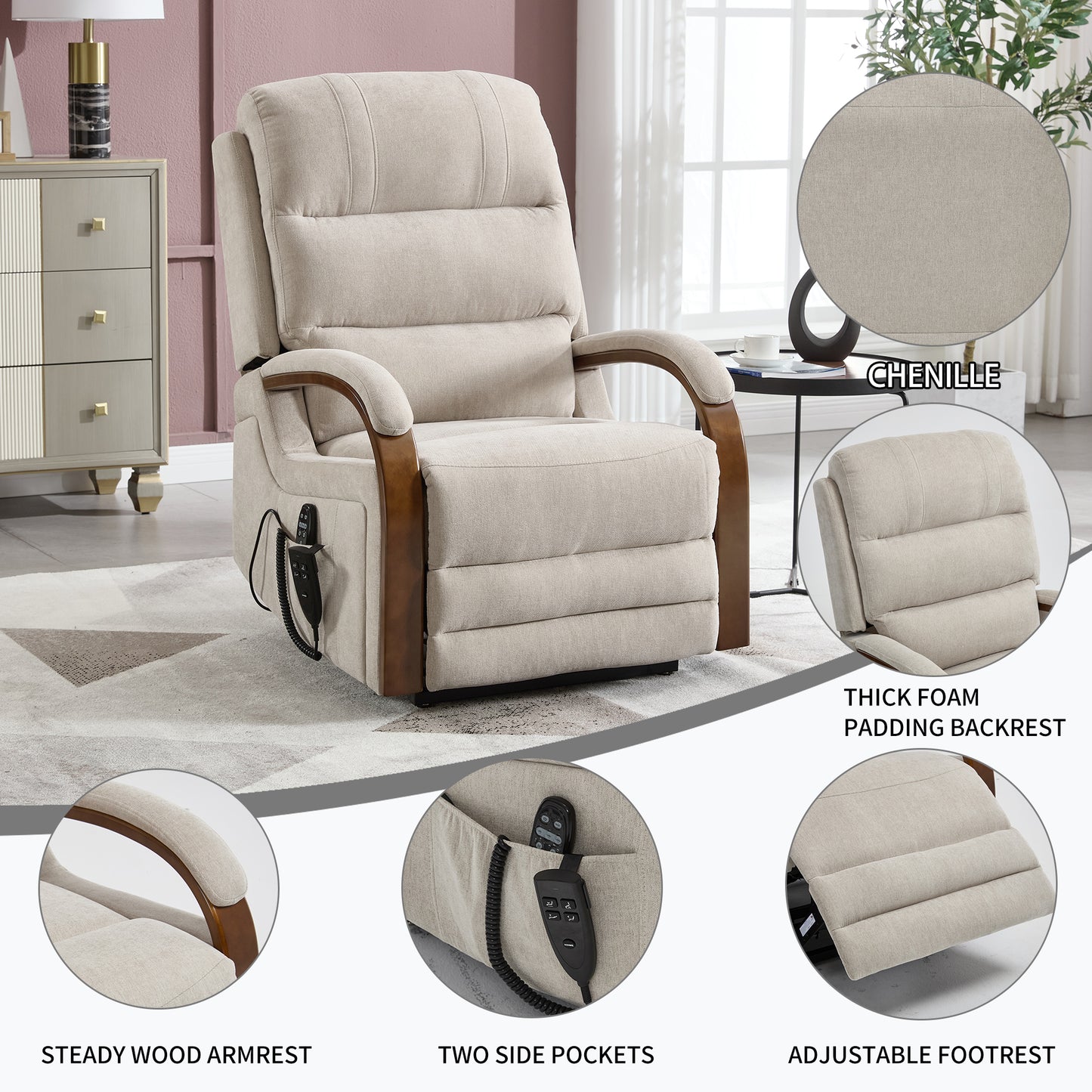 Power Beige Chenille Lift Recliner Chair Dual Motor Infinite Position Up to 350 LBS with Solid Wood Armrests, Heat Massage and Heavy Duty Motion Mechanism image 9