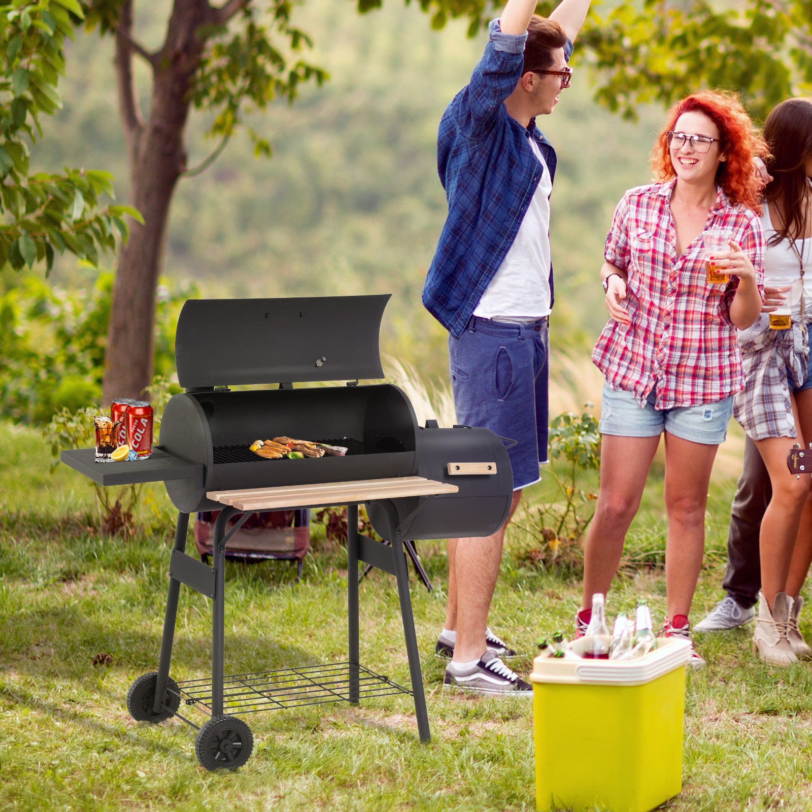 Outsunny 48" Steel Portable Backyard Charcoal BBQ Grill and Offset Smoker Combo with Wheels image 2
