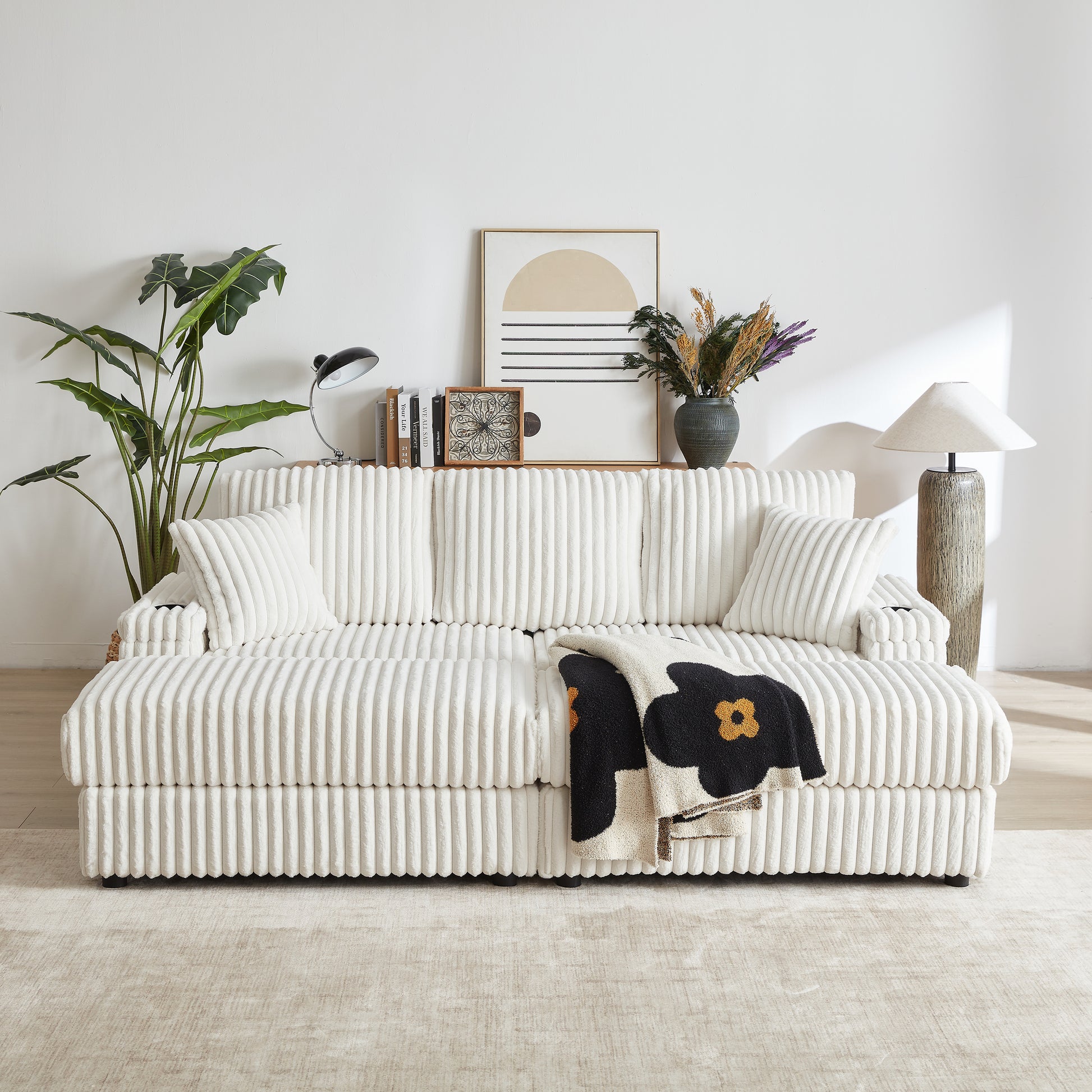 84Inch Corduroy 3-seater sofa With 3 back pillows,2 toss pillows, 2 ottoman,2 Footstool Storage and cup-holding grooves Comfy Sofa- Deep Seat Couch for Living Room image 7