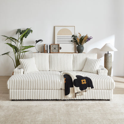 84Inch Corduroy 3-seater sofa With 3 back pillows,2 toss pillows, 2 ottoman,2 Footstool Storage and cup-holding grooves Comfy Sofa- Deep Seat Couch for Living Room image 7
