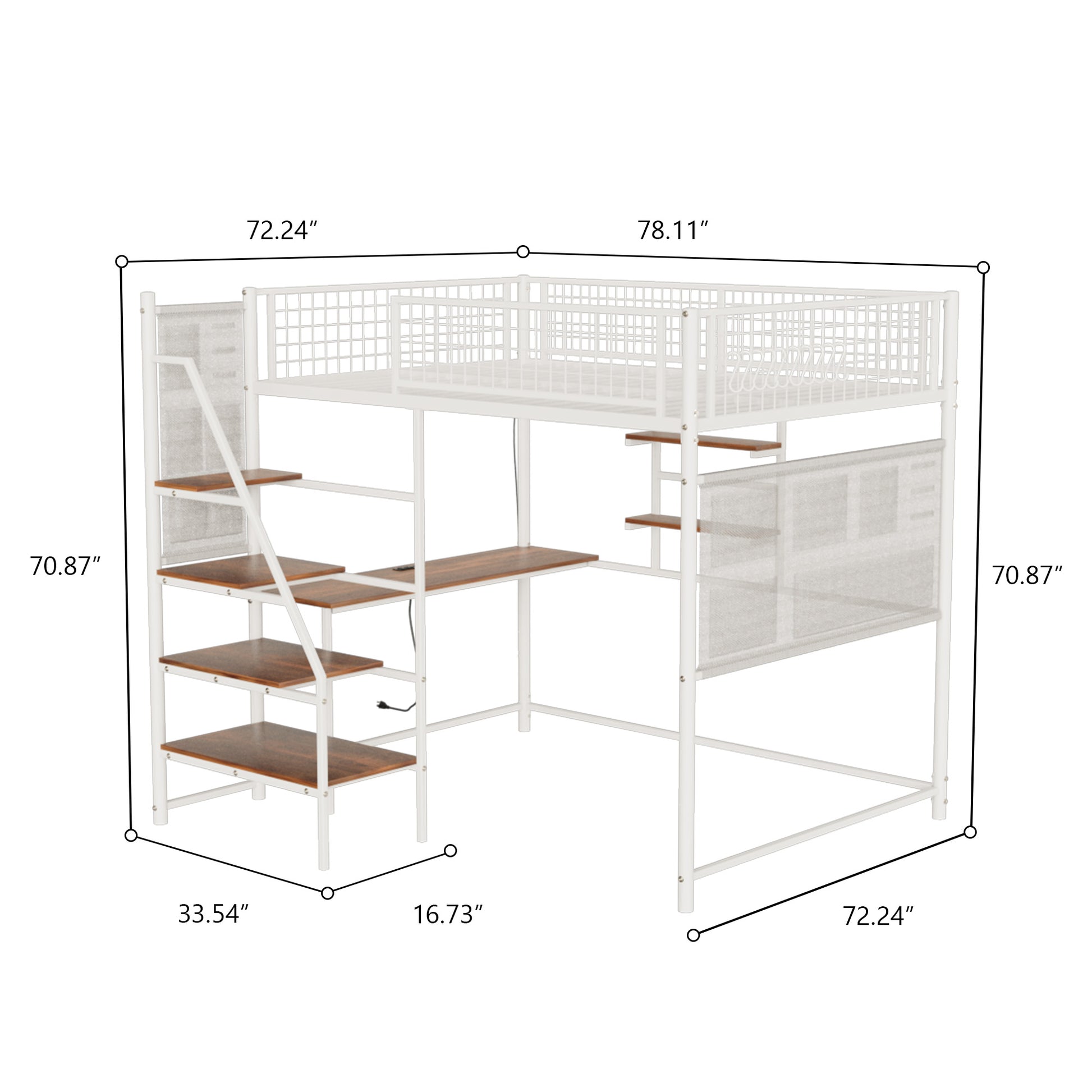 Full size loft metal bed with white for bedroom and dormitory, with built-in charging station and LED lighting image 9