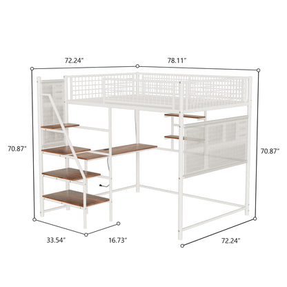 Full size loft metal bed with white for bedroom and dormitory, with built-in charging station and LED lighting image 9