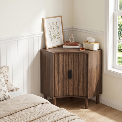 Fluted Corner Cabinet, Small Corner Floor Cabinet with Sliding Doors and Adjustable Shelves, Modern Wooden Freestanding Narrow Storage Cabinet for Small Space,Living Room,Dining Room,Bathroom, Walnut image 1