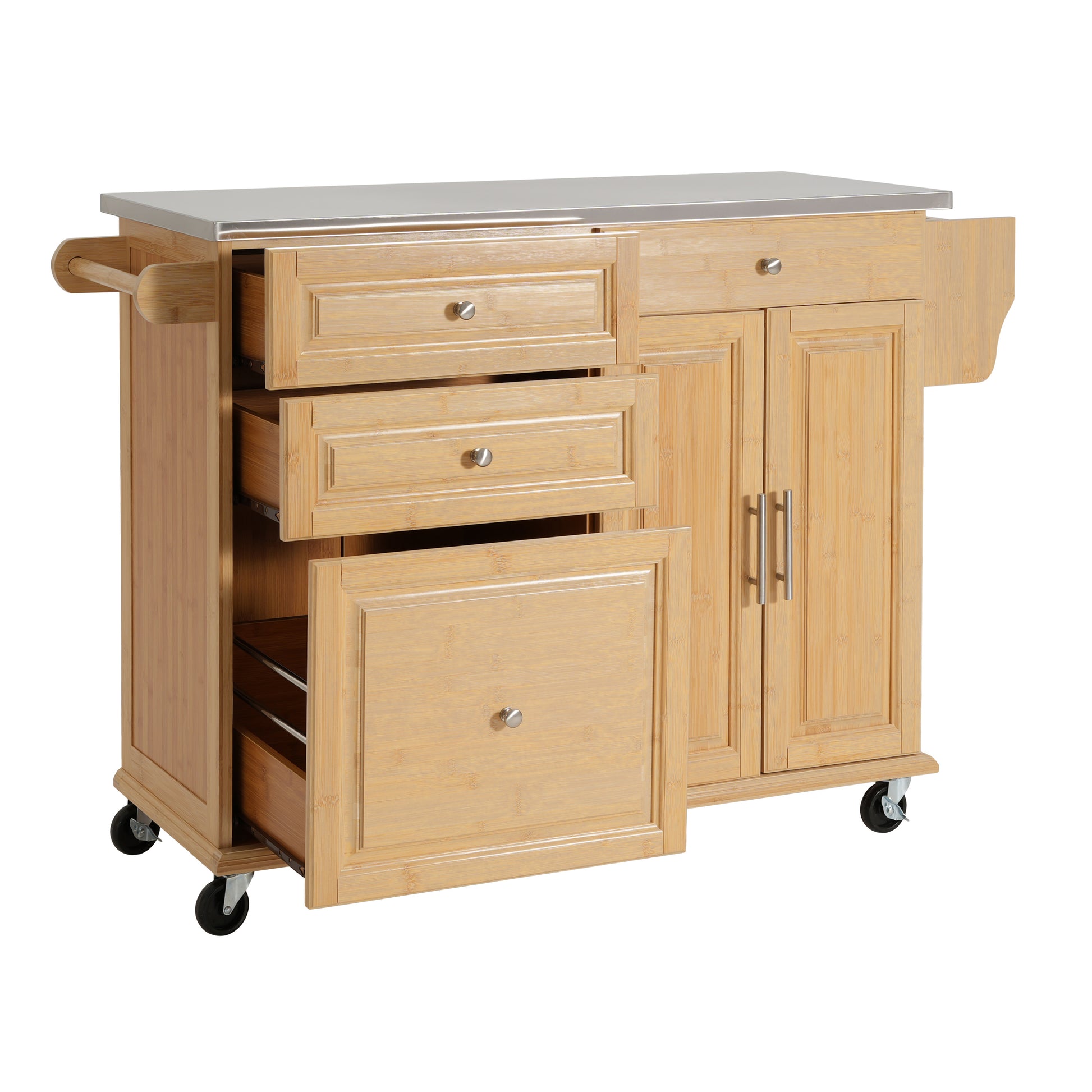 Indoor Bamboo Rolling Kitchen Island with Stainless Steel Top – Mobile Cart with Drawers, Cabinet & Towel Rack for Dining & Bar image 10