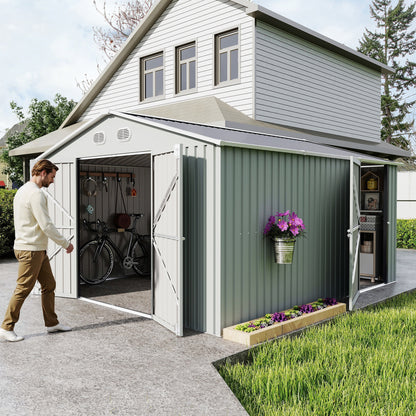 10x12 FT Outdoor Metal Storage Shed, Large Storage Sheds with Sturdy Frame Structure, Metal Garden Tool Shed with Lockable Door for Garden,Gift a foldable flower pot stand, Backyard, WHITE image 1