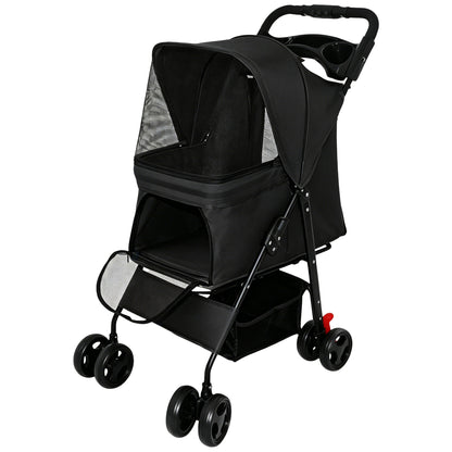 Foldable Pet Stroller for Small Dogs and Cats Under 28 lbs with Multi-Functional Tray, 2 Safety Leashes, Storage Basket & Breathable Mesh, 4 Wheels Pet Stroller, Black image 12