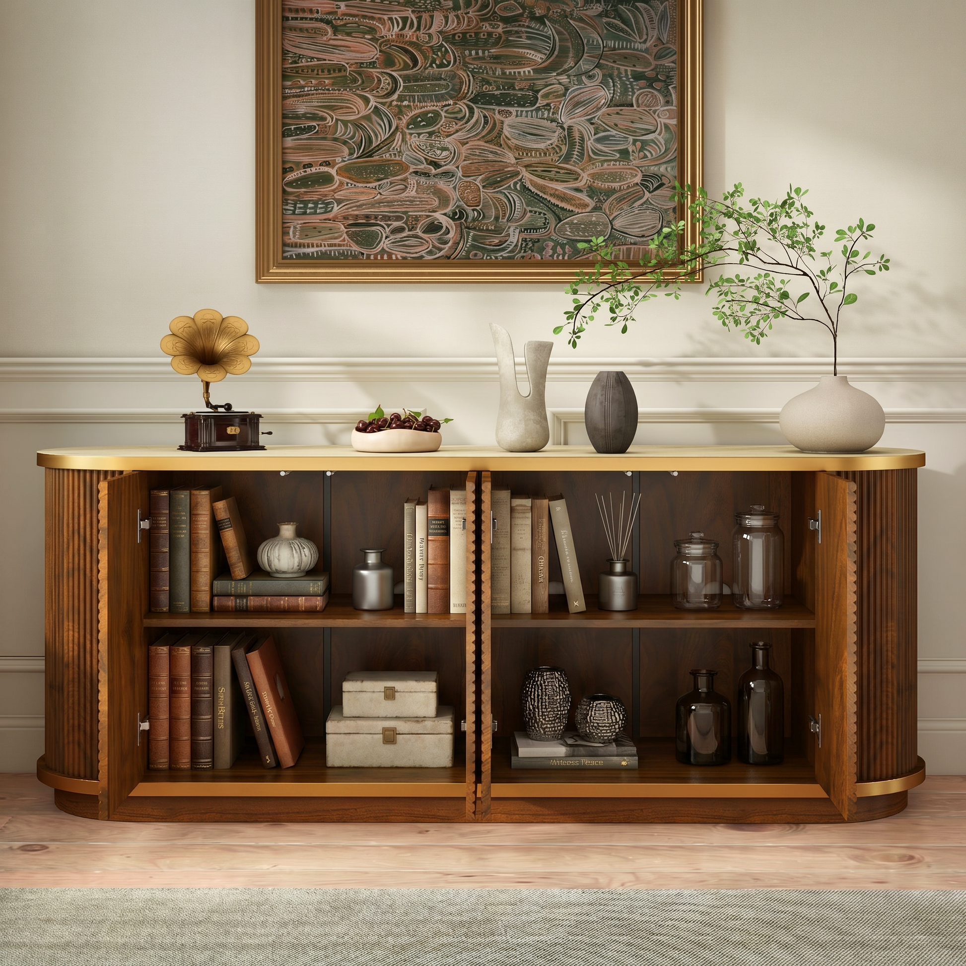 63" Diagonal Fluted Sideboard Cabinet with Storage, 4-Door Walnut Buffet Credenza TV Stand with Gold Trim, Cream Faux Marble-Top Console Table, Modern Cabinet for Dining Room, Living Room, Walnut image 5