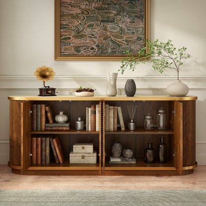 63" Diagonal Fluted Sideboard Cabinet with Storage, 4-Door Walnut Buffet Credenza TV Stand with Gold Trim, Cream Faux Marble-Top Console Table, Modern Cabinet for Dining Room, Living Room, Walnut image 5