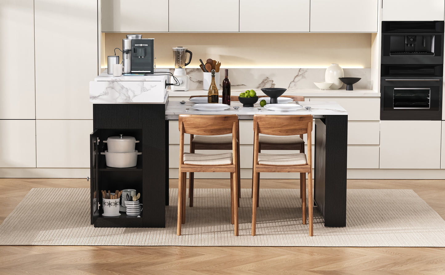 [VIDEO] TREXM Extendable Dining Table with Folding Tabletop, Bar Table with Drawers and Power Outlet, Kitchen Island with Wheels and Hooks, Sideboard for Kitchen and Dining Room (Black+Marble White) image 5