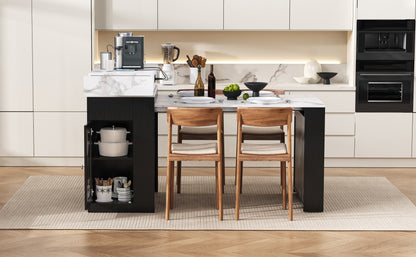 [VIDEO] TREXM Extendable Dining Table with Folding Tabletop, Bar Table with Drawers and Power Outlet, Kitchen Island with Wheels and Hooks, Sideboard for Kitchen and Dining Room (Black+Marble White) image 5