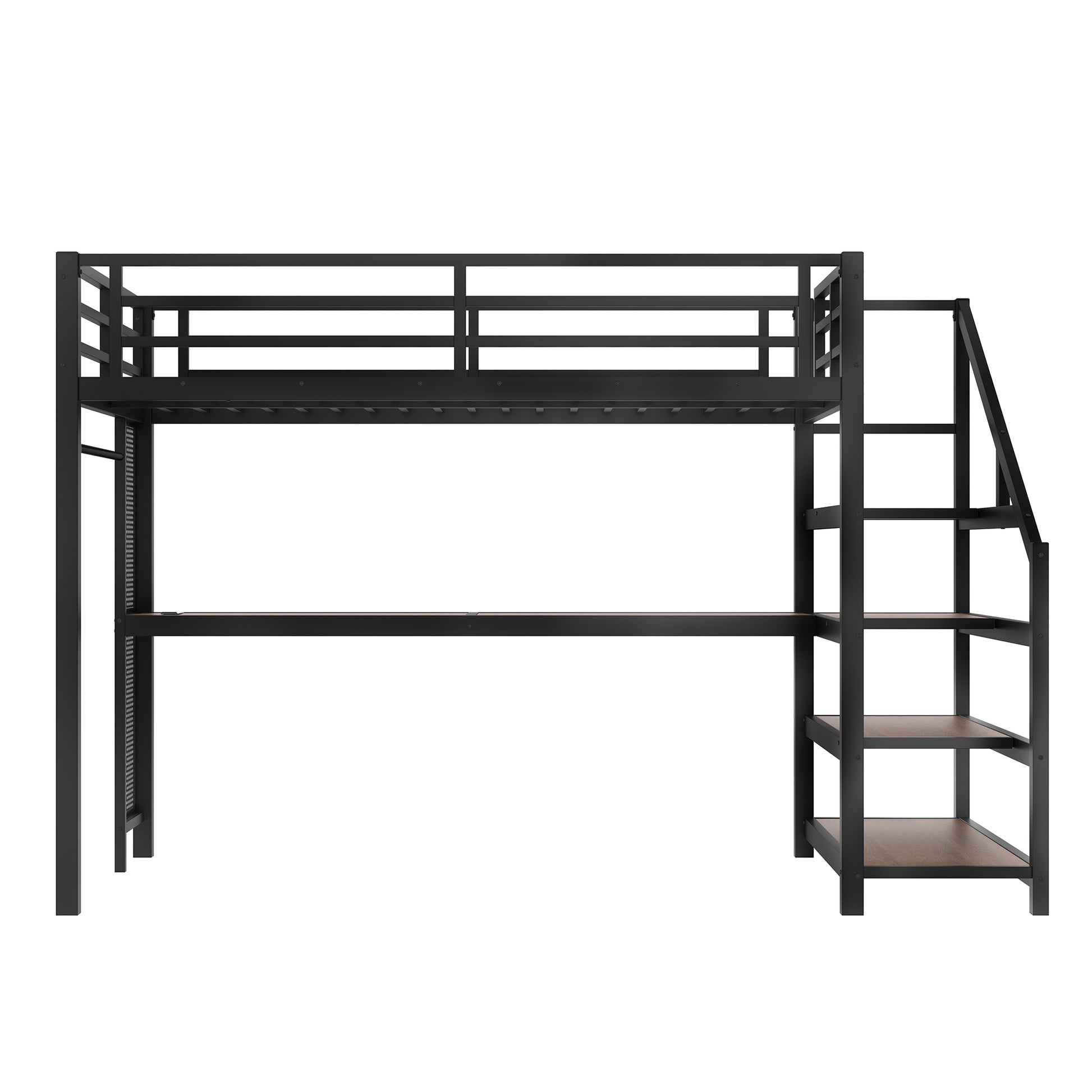 Full Loft Bed with Desk and Storage Stairs, Metal Loft Beds with LED Lights, USB Ports, Multifunctional Iron Nets, No Spring Box Needed and Noise-free, Black image 6