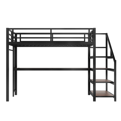 Full Loft Bed with Desk and Storage Stairs, Metal Loft Beds with LED Lights, USB Ports, Multifunctional Iron Nets, No Spring Box Needed and Noise-free, Black image 6