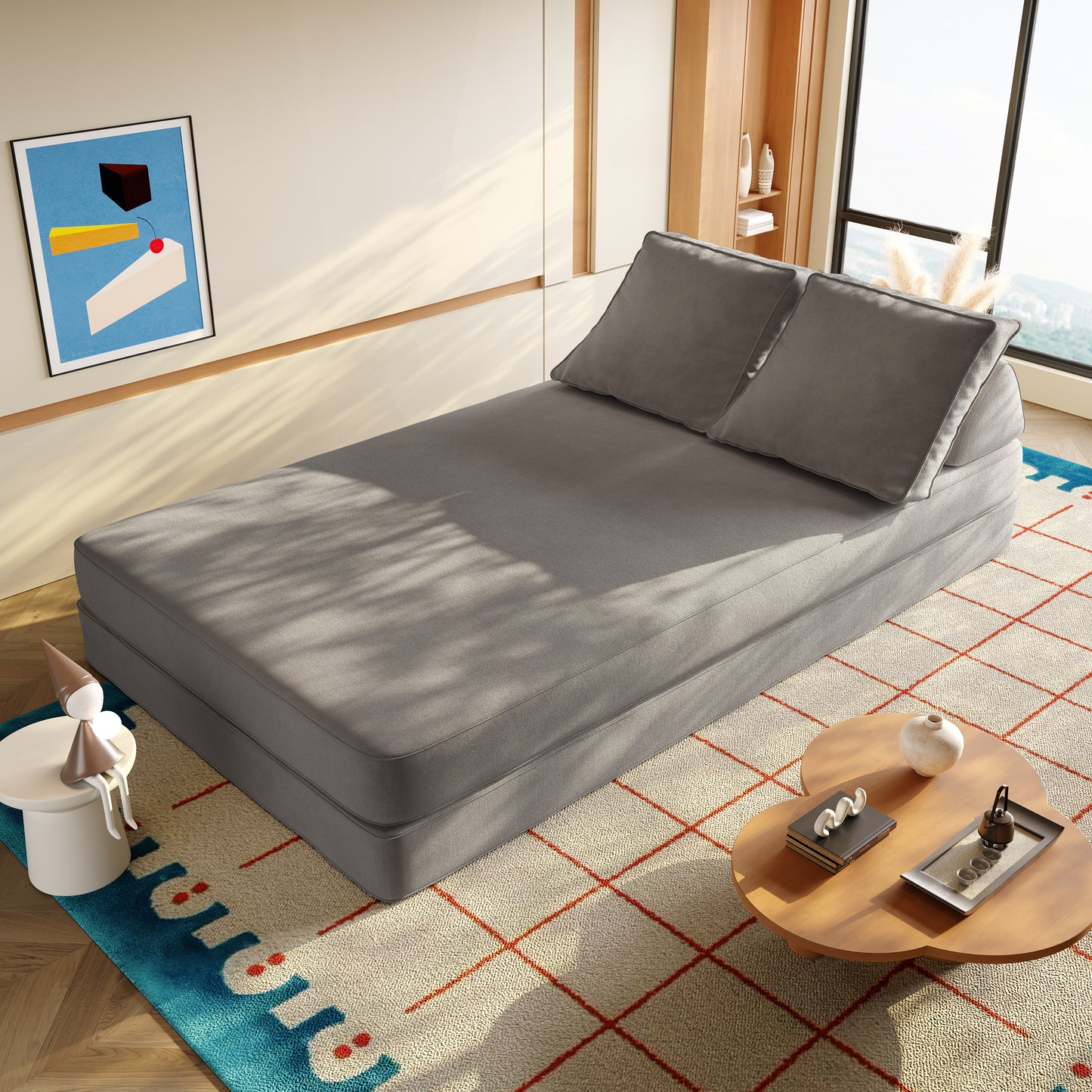 86.6"Multifunctional Convertible Sofa Bed w/2 Removable Backrests and 2 Pillows,Fluffy Chenille Fabric Sofa,Chaise Lounge,Game Pad,DIY Modern Upholstered Couch,Deep Seat Couch for Living Room,Office image 6