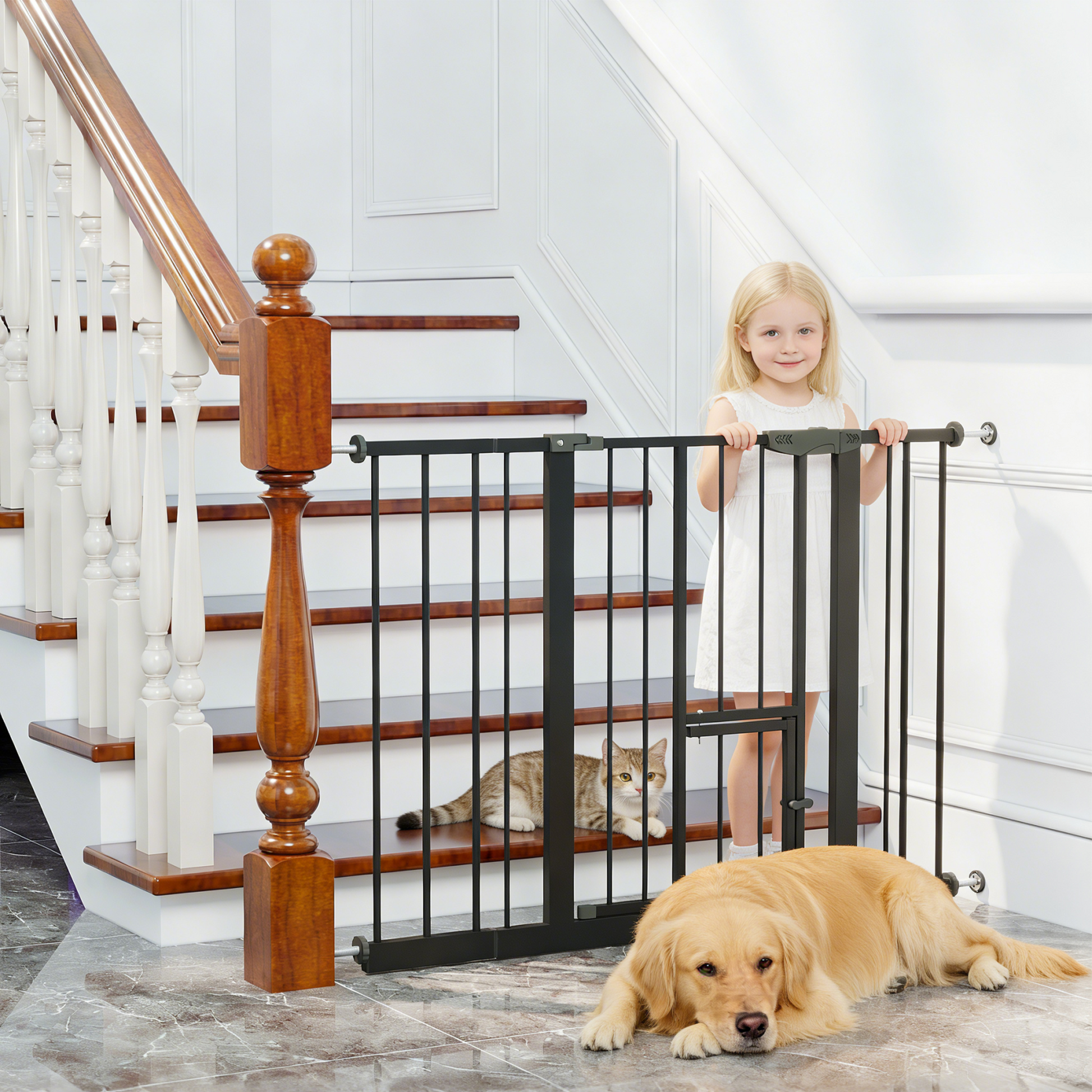 Baby Gate with Cat Door, 29.5-44.1" Metal Pet Door for Stairs & Doorways,Pressure Mounted,No Tools Needed, Black image 8