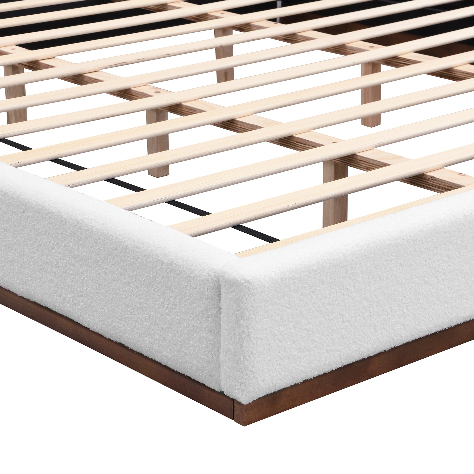 Elegant White Fabric Upholstered Bed With Nice Wood Grain Textured Brown Solid Wood Base Frame,White,King image 9