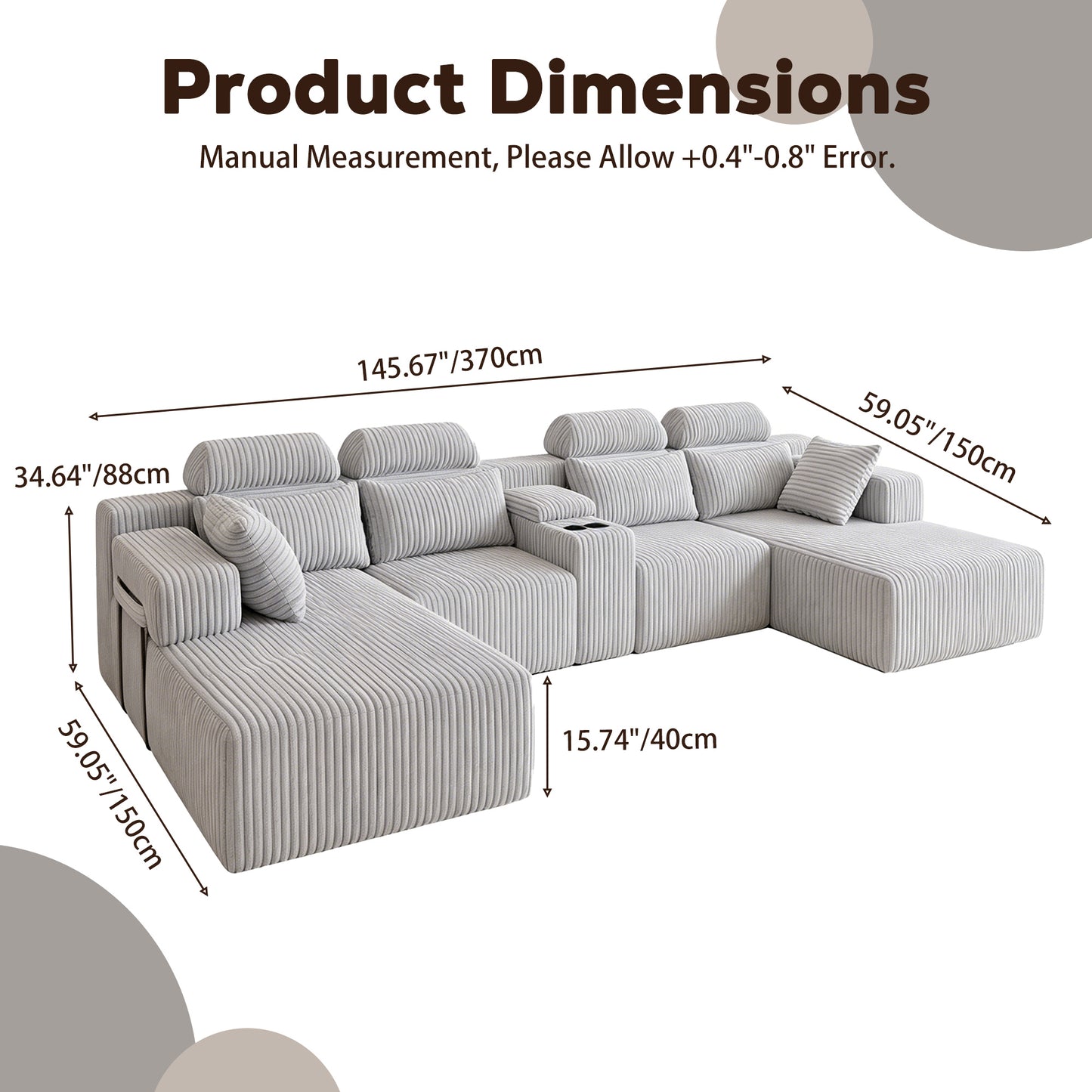 Modern Gray Velvet U-Shaped Velvet Sectional Sofa - 3-Piece Living Room Set with Chaise Lounge & Cup Holders - 145.7"/370cm Extra Large Modular Sofa for Home Theater, Family Room, Luxury Living Space image 9