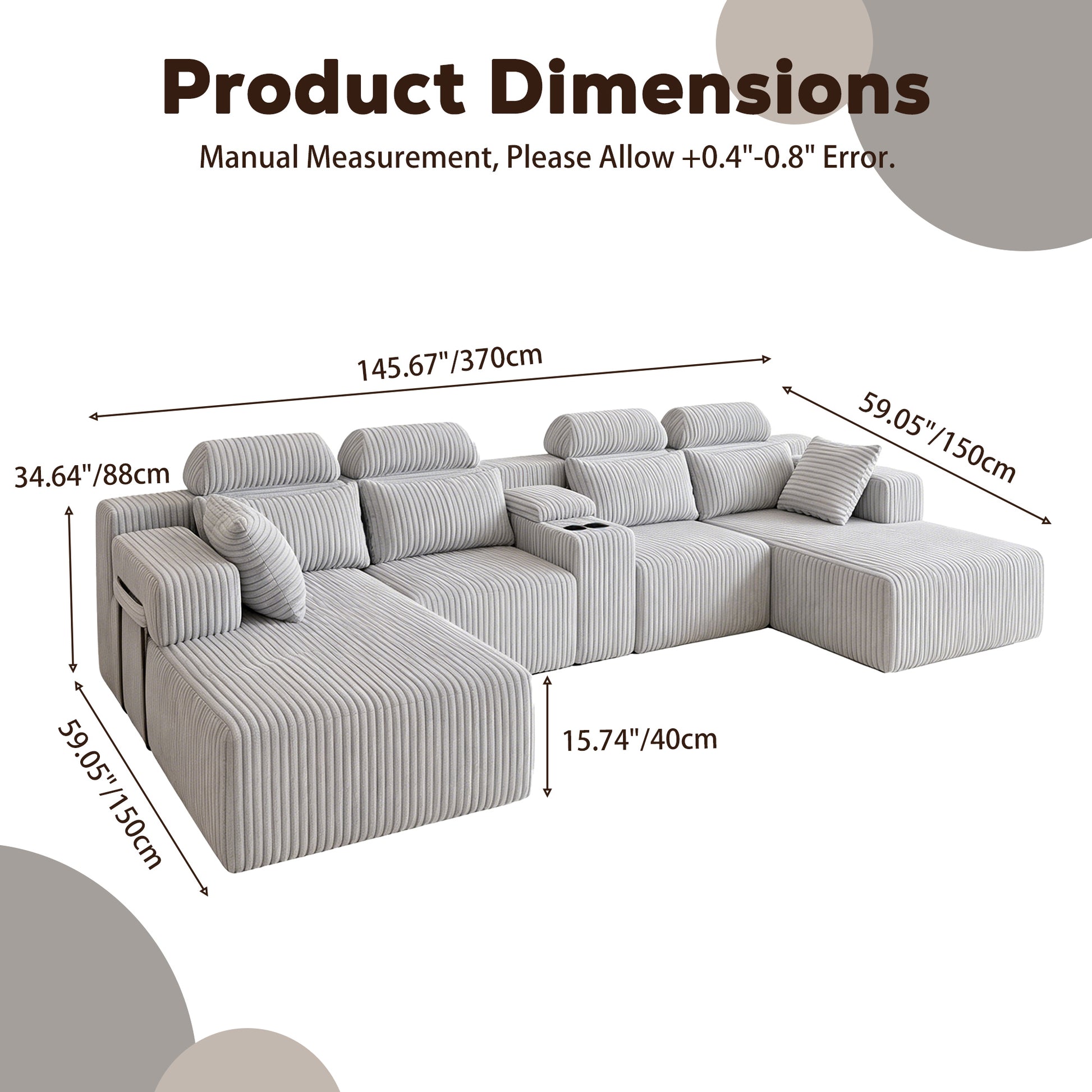 Modern Gray Velvet U-Shaped Velvet Sectional Sofa - 3-Piece Living Room Set with Chaise Lounge & Cup Holders - 145.7"/370cm Extra Large Modular Sofa for Home Theater, Family Room, Luxury Living Space image 9