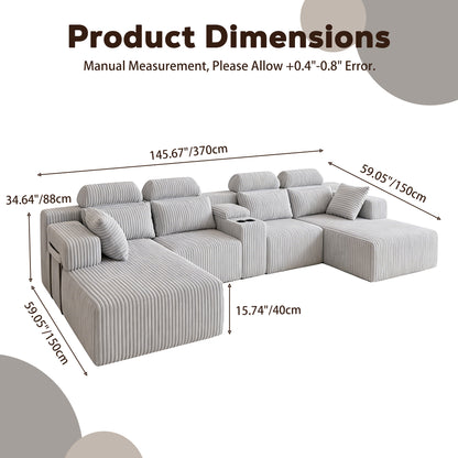 Modern Gray Velvet U-Shaped Velvet Sectional Sofa - 3-Piece Living Room Set with Chaise Lounge & Cup Holders - 145.7"/370cm Extra Large Modular Sofa for Home Theater, Family Room, Luxury Living Space image 9