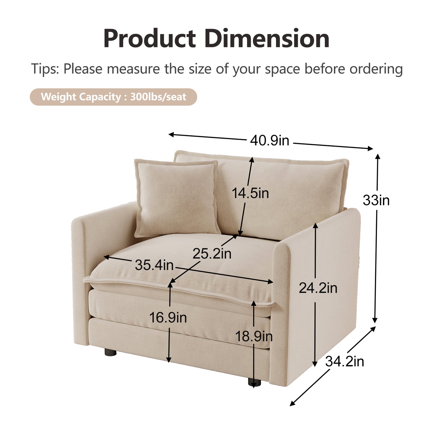 Comfy Deep Single Seat Sofa Upholstered Reading Armchair Living Room Chair light coffee Chenille Fabric, 1 Toss Pillow image 7