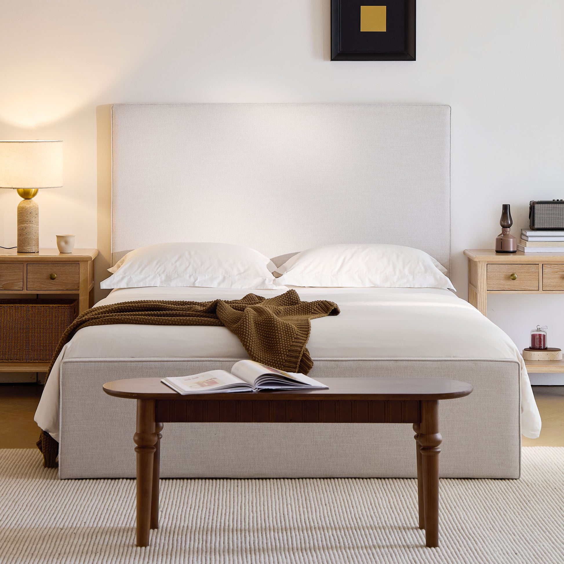 Lucas Tall Headboard Upholstered Bed / 52" High Headboard / Elegant Simplicity / No Box Spring Needed / Easy Assembly / King / Textured Ivory Canvas image 1