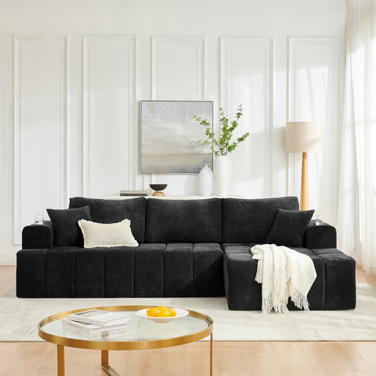 108" L-Shaped Chenille Sectional Sofa, Cloud Style Boneless Sofa with Chaise, Modern Upholstered Couch with Cup Holders & Side Pockets, Compression Sofa for Living Room, No Assembly Required, Black image 1