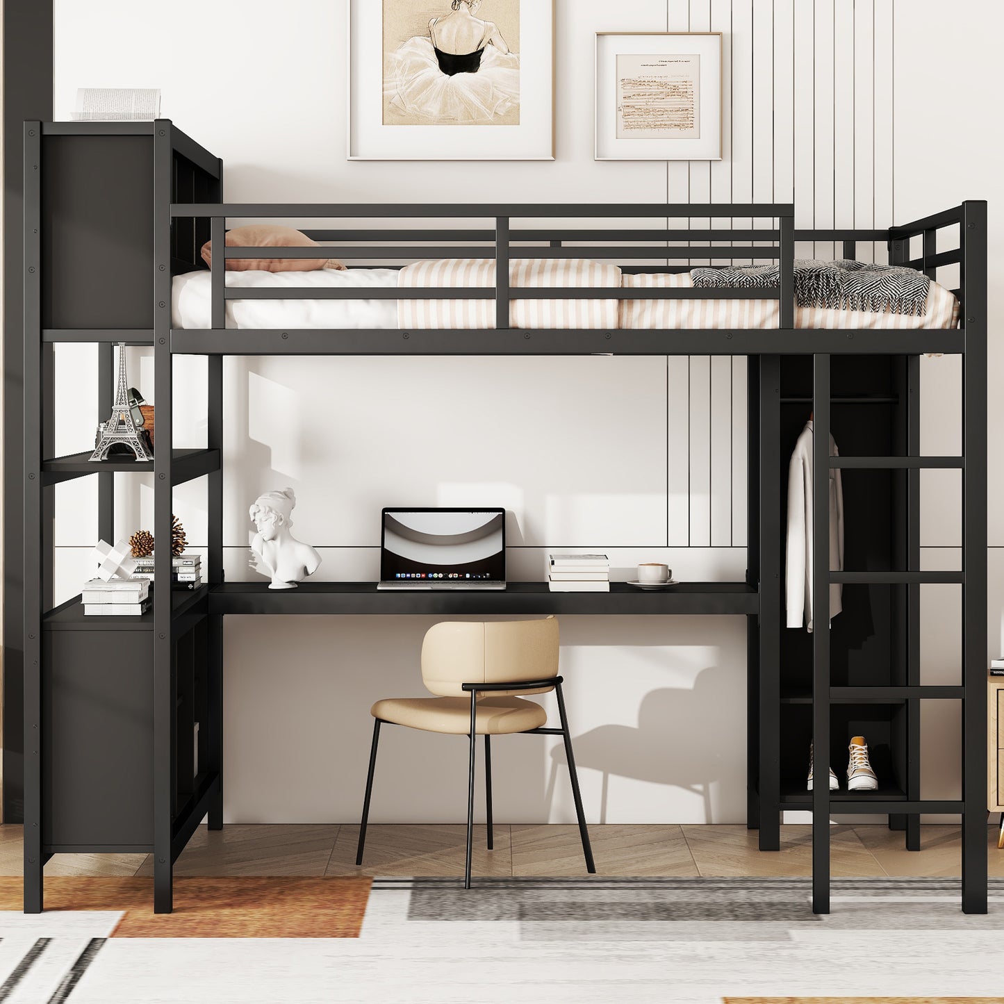 Metal Loft Bed with Wardrobe And L-shaped Desk, Full Size Loft Bed with Storage Cubes and Shelves, Heavy Duty Loft Bed for Kids Teens Adults, Black image 2