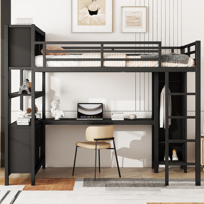 Metal Loft Bed with Wardrobe And L-shaped Desk, Full Size Loft Bed with Storage Cubes and Shelves, Heavy Duty Loft Bed for Kids Teens Adults, Black image 2