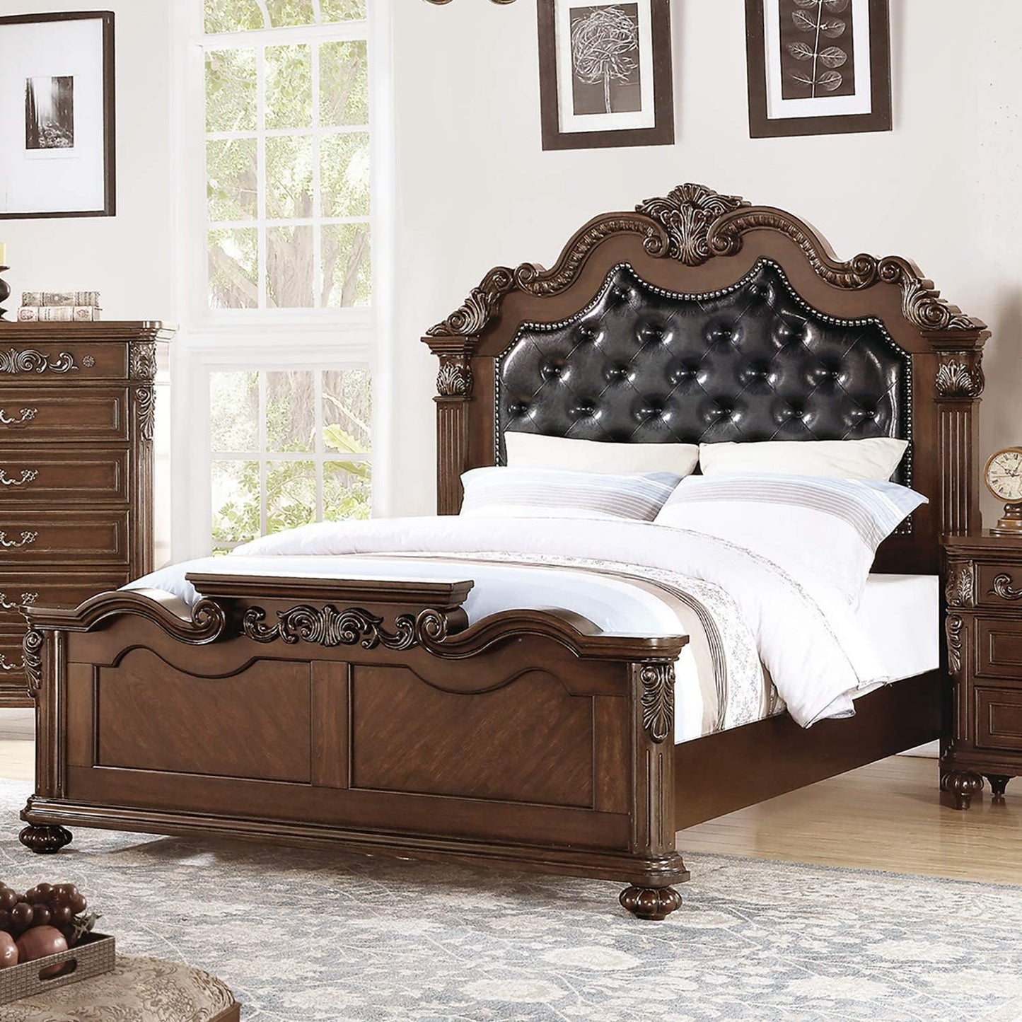 Gorgeous Traditional Antique Cherry 1pc Eastern King Size Bed Tufted Faux Leather Headboard Wooden Bedframe image 3