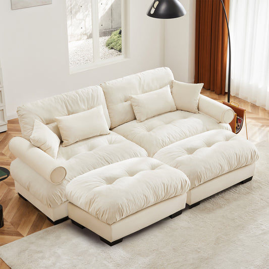 Over Size Modern Two-seater Sofa with Ottoman, Velvet 2-Seater with Round Bolster Armrests,With Waist Pillow and Throw Pillows,Reading Room, Loft and Bedroom,Cream image 1