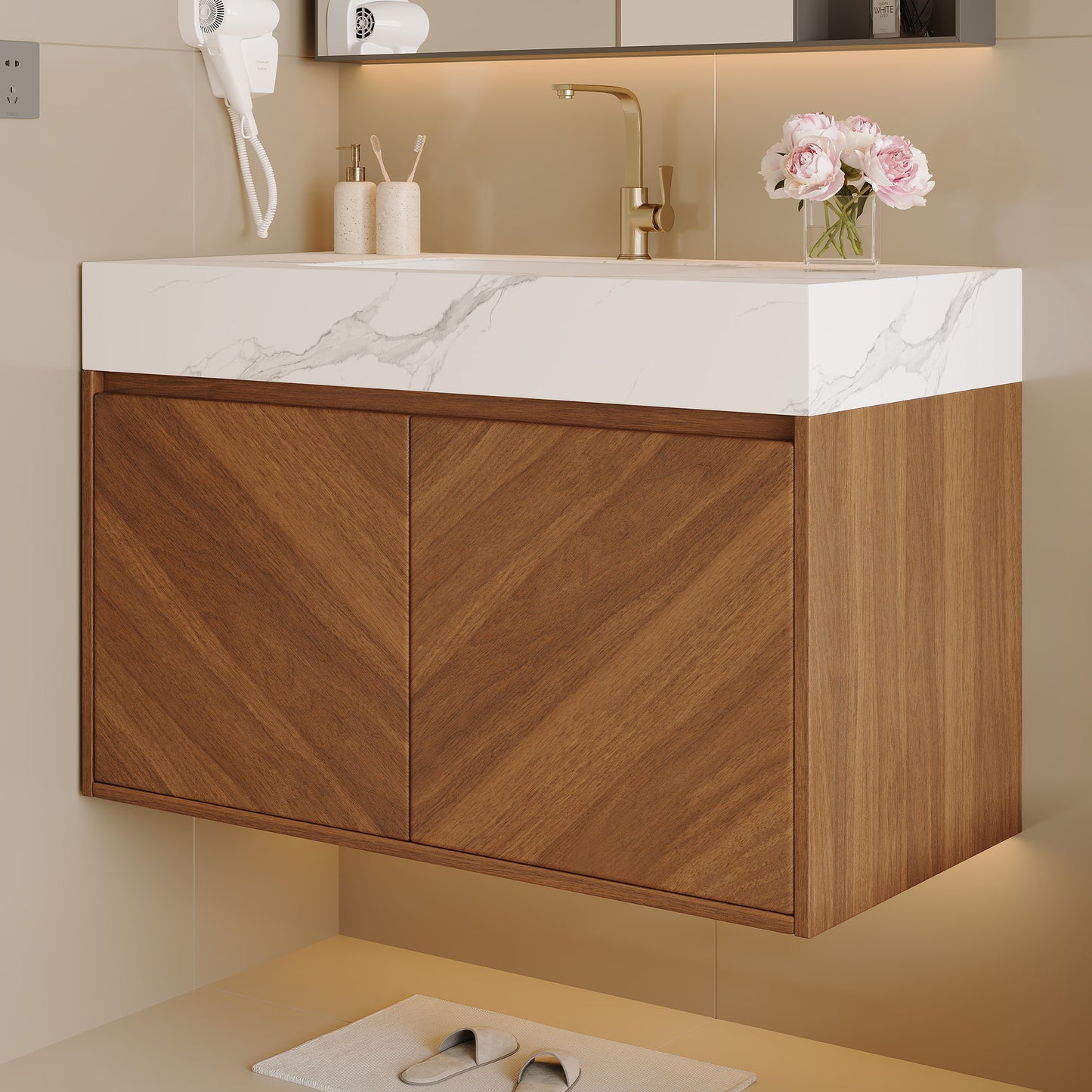 30" Modern Wall-Mounted Bathroom Vanity with Ceramic Sink – Brown Oak, Soft-Close image 6