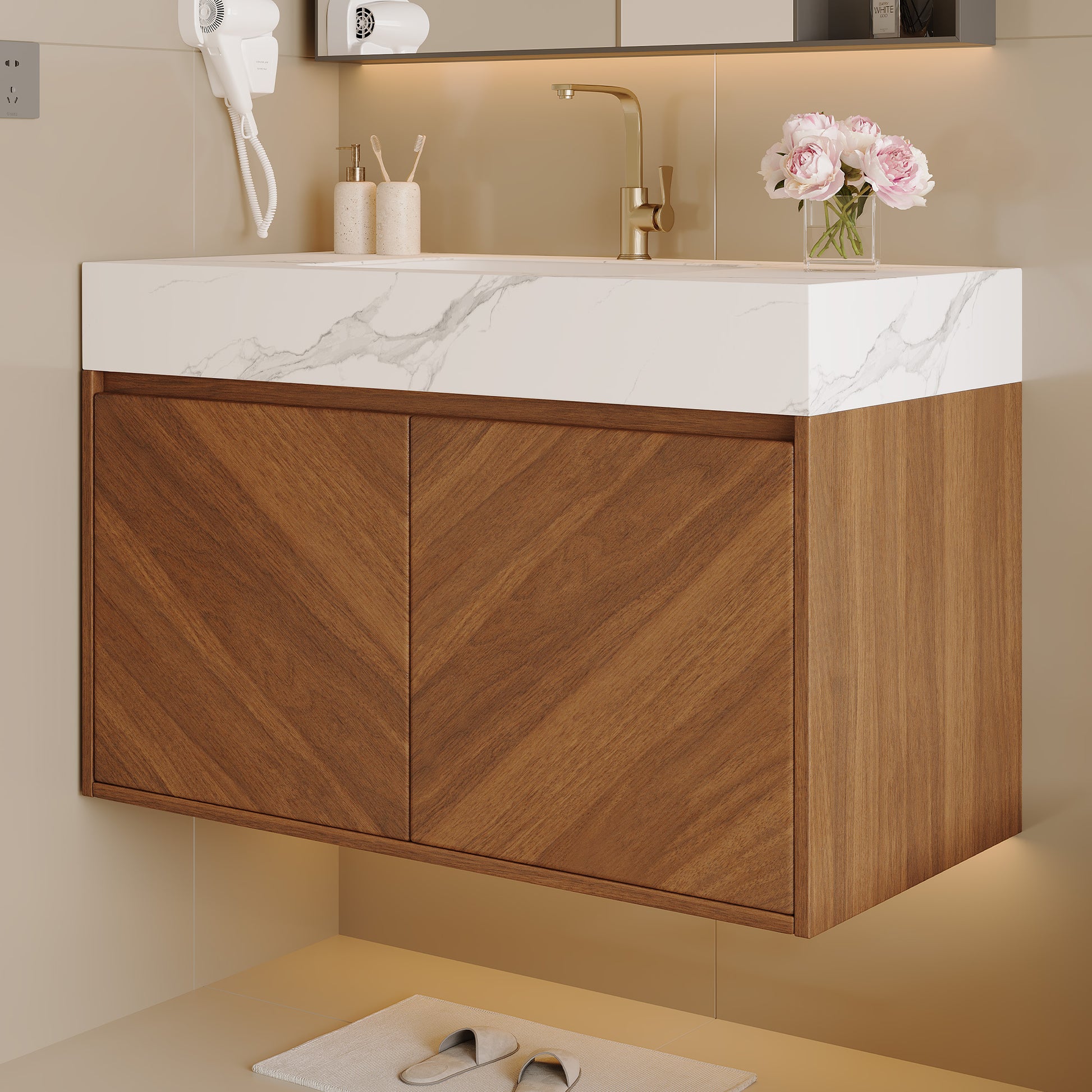 30" Modern Wall-Mounted Bathroom Vanity with Ceramic Sink – Brown Oak, Soft-Close image 6