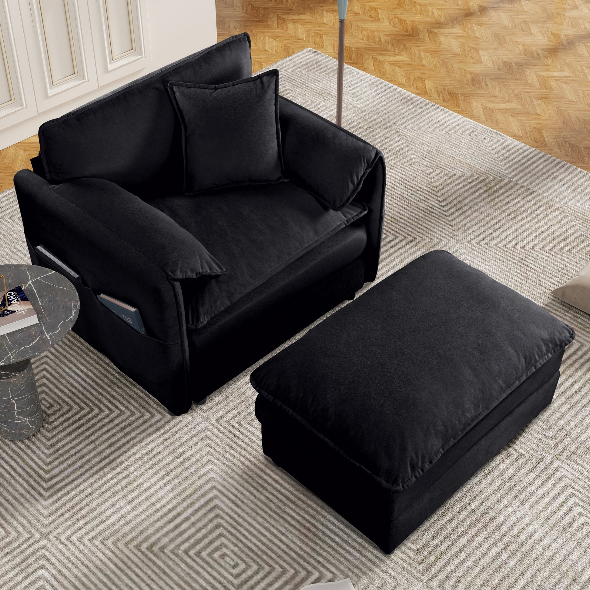 Oversized 57.48" Recliner Chair with Movable Ottoman - Soft Chenille Upholstered Indoor Lounge Chair for Living Room or Bedroom,DIY Combination,Black image 1