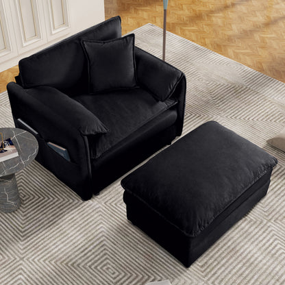 Oversized 57.48" Recliner Chair with Movable Ottoman - Soft Chenille Upholstered Indoor Lounge Chair for Living Room or Bedroom,DIY Combination,Black image 1