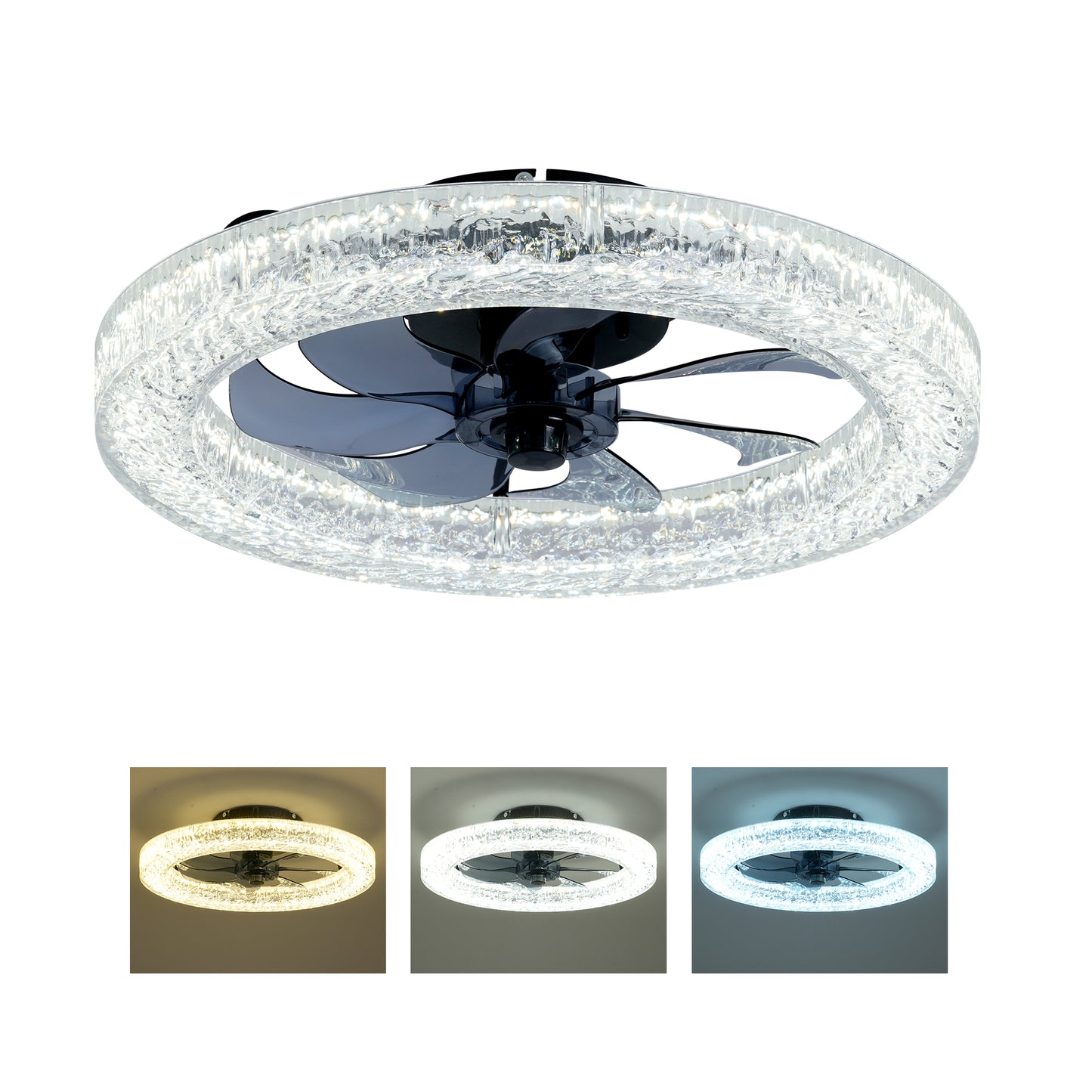 Acrylic Ice Brick Fan Light,LED Light Source and Remote Control, 3000-6500K Dimmable Modern Flush Mount LED Fan Light, 6 Speeds, Quiet DC Motor For Living room, Bedroom,Kitchen----Matte Black image 1