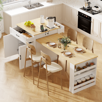 K&K 82.7 inch Kitchen Island with Extendable Dining Table for 4-6 Person,Two-tone Kitchen Table with Double-sized Storage, Power Outlet, Kitchen island with Storage 2 Drawers 2 Side Open Shelves,White image 1