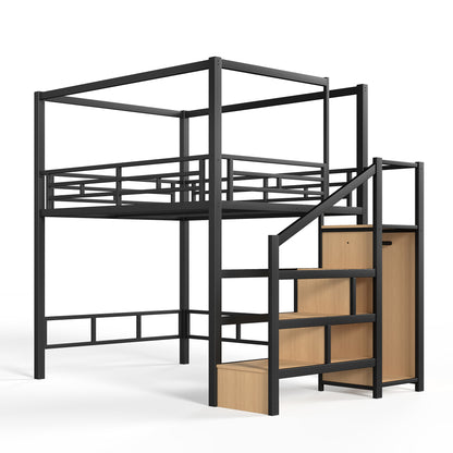 Full Loft Bed with Storage Stairs and Wardrobe, Metal Loft Bed with Canopy Frame, Ample Underbed Spaces Design, Black image 10