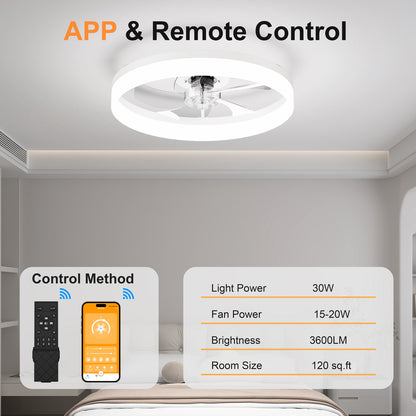 19.7'' LED Ceiling Fan Light with Remote & App Control, 6 Speeds, Dimmable, 3000K-6500K, Flush Mount WHITE Fandelier for Bedroom image 3