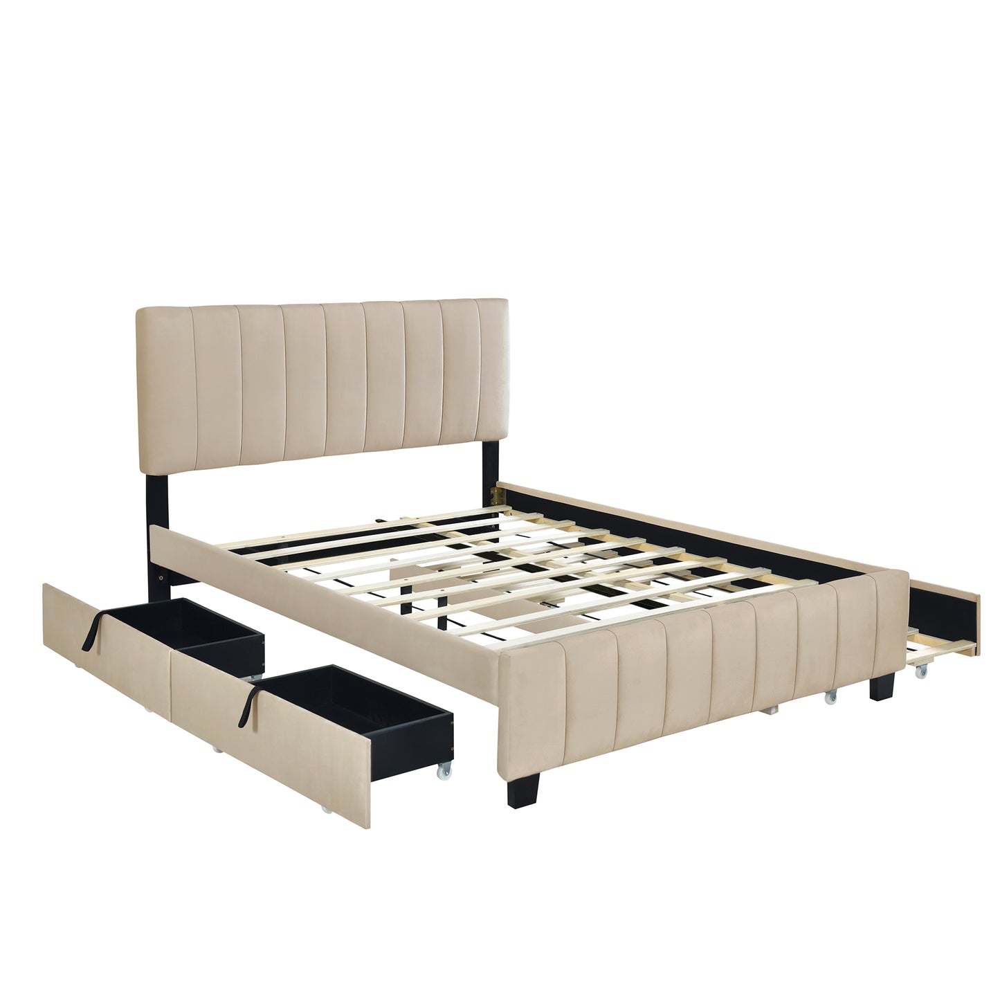 Queen Size Velvet Upholstered Platform Bed with 2 Drawers and 1 Twin XL Trundle- Beige image 8