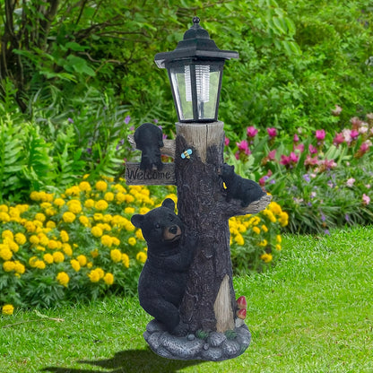 Black bear statue welcome sign garden statue with solar light, 19-inch resin bear family on tree, outdoor bear decoration for courtyard, garden, lawn, yard, perfect gift for Thanksgiving, Christmas, M image 7