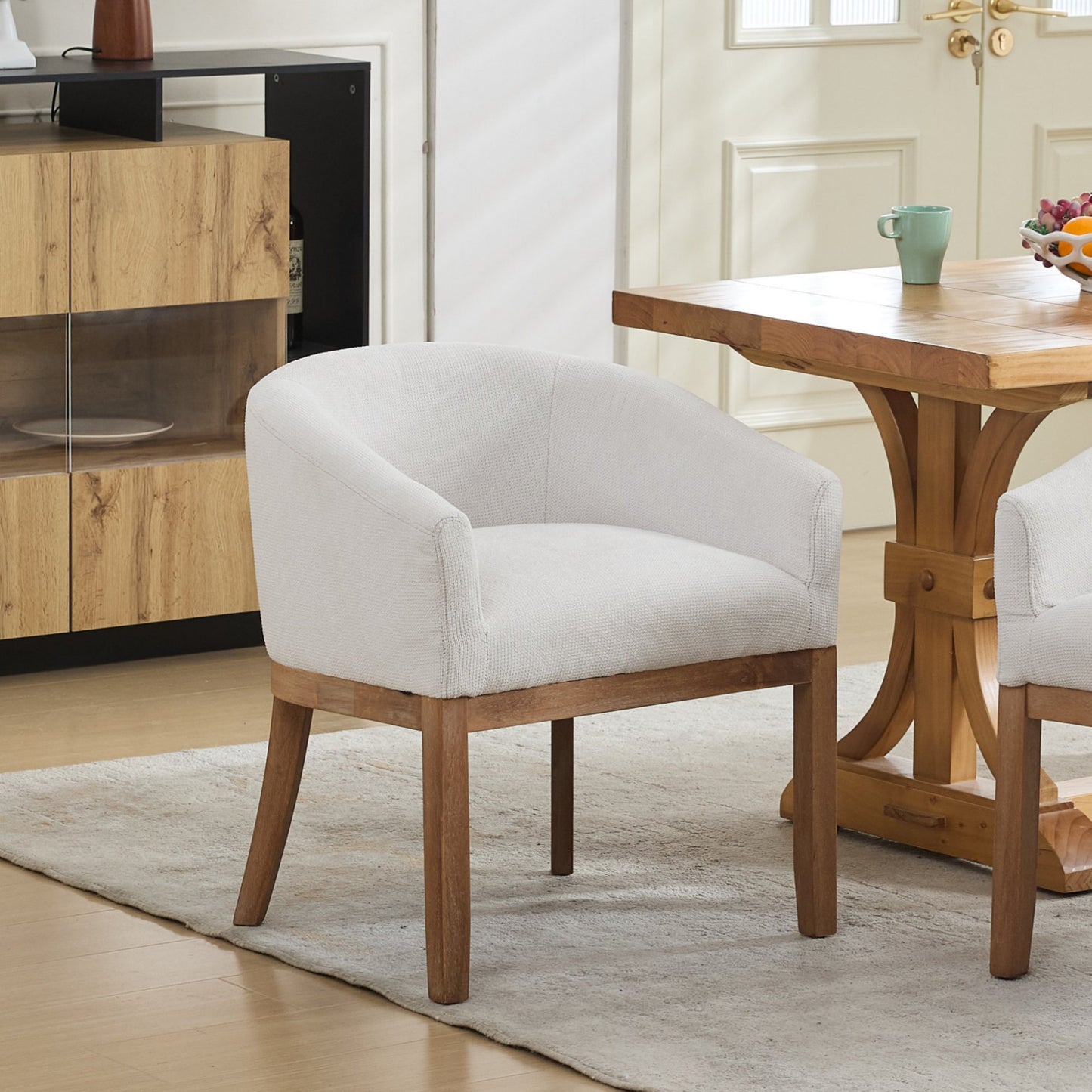 Mid Century Modern Upholstered Barrel Dining Chairs with Arms,Farmhouse Linen Kitchen & Dining Room Chairs with Natural Hardwood Frame, 19" W Accent Chairs for Living Room,Single Pack,Beige,SW1891BG image 1