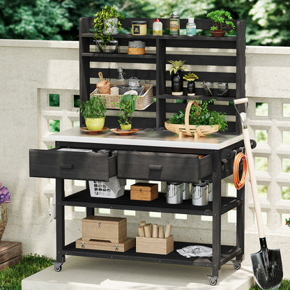 K&K 64.9"H Outdoor Potting Bench Table with Lockable Wheels, Solid Wood Outdoor Kitchen Island with Upper Hutch, Stainless Steel Top, Towel Rack,Outdoor Storage for Grilling, Lawn Garden -Black image 1