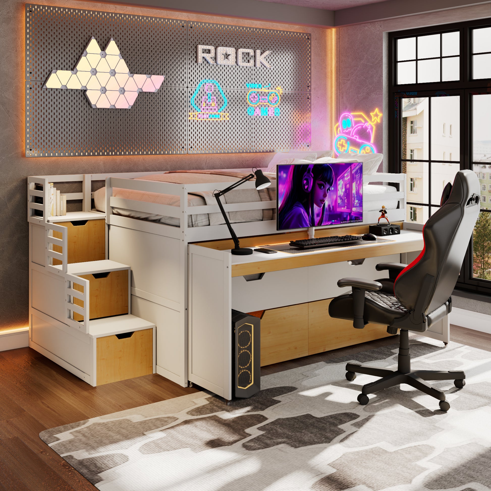 Full XL Loft Bed with Pull-Out Desk and Twin Trundle, Multi-Functional Bunk Bed with 2 Storage Drawers and Storage Steps, Space-Saving Gaming & Workstation Bedframe, White+Wood Color image 5