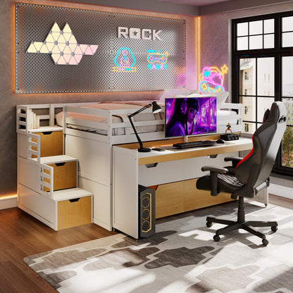 Full XL Loft Bed with Pull-Out Desk and Twin Trundle, Multi-Functional Bunk Bed with 2 Storage Drawers and Storage Steps, Space-Saving Gaming & Workstation Bedframe, White+Wood Color image 5