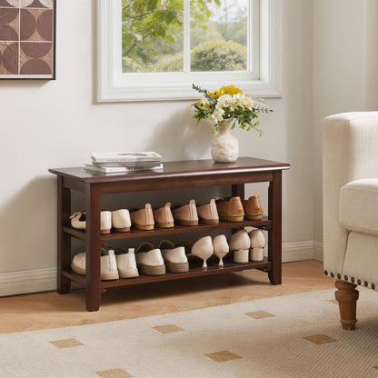 2-Tier Solid Wood Shoe Bench, Entryway Shoe Rack with Storage Shelves, Hallway Seat Bench for Shoes image 6