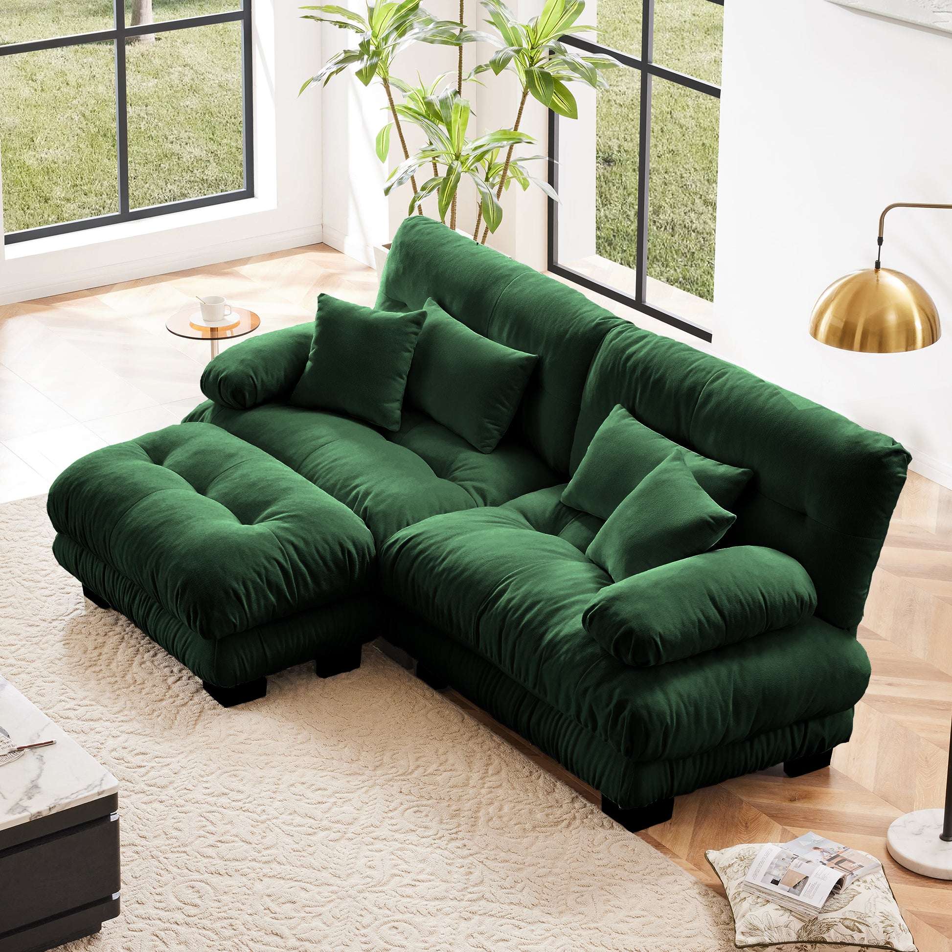 Cloud Couch Sectional Sofa for Living Room, Chenille 2 Seater Sofa with 2 Lumbar pillows and 2 throw pillows, Upholstered Wide Arm Sofa with Convertible Ottoman,Chenille Green image 1