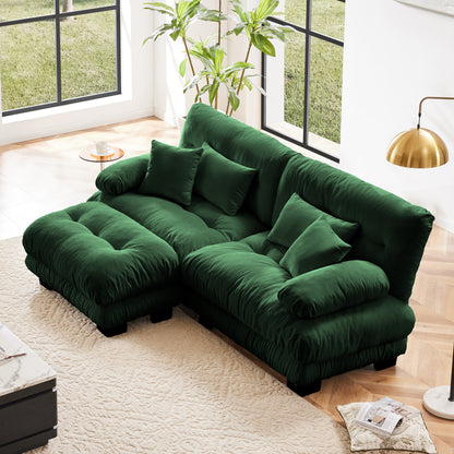Cloud Couch Sectional Sofa for Living Room, Chenille 2 Seater Sofa with 2 Lumbar pillows and 2 throw pillows, Upholstered Wide Arm Sofa with Convertible Ottoman,Chenille Green image 1
