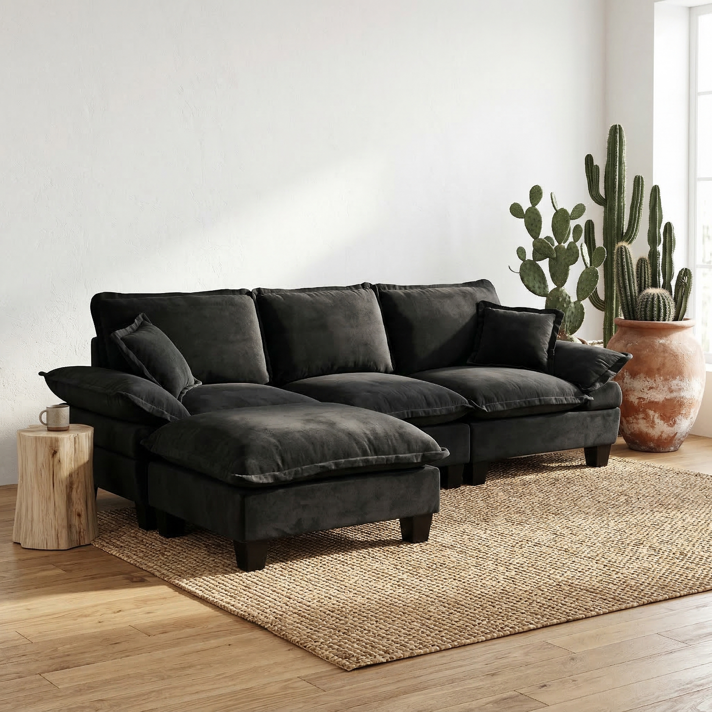 Modular Sectional Sofa, L-Shape Cloud Couch with Sailboat Design, 1 Movable Ottomans & 2 Soft Pillows Included, Comfy Chenille for Apartment Living Room, Black image 1