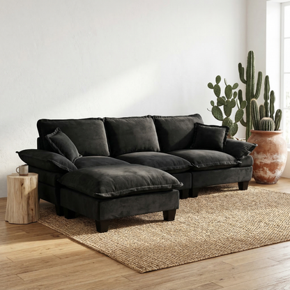 Modular Sectional Sofa, L-Shape Cloud Couch with Sailboat Design, 1 Movable Ottomans & 2 Soft Pillows Included, Comfy Chenille for Apartment Living Room, Black image 1